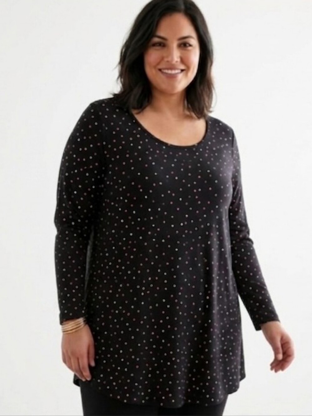 Every Story Modern Fit Long Sleeve Top - Black Multi Color Polka Dot-size 1X